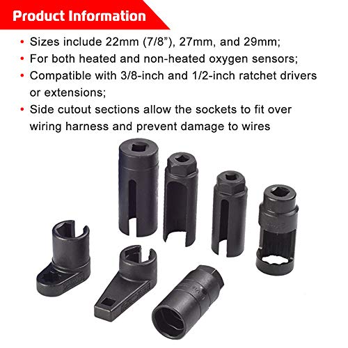 7PCS Oxygen Sensor Socket 22mm (7/8 in), 27mm, 29mm fits All Vehicle O2 Removal and Installation Universal Puller and Removal Tool