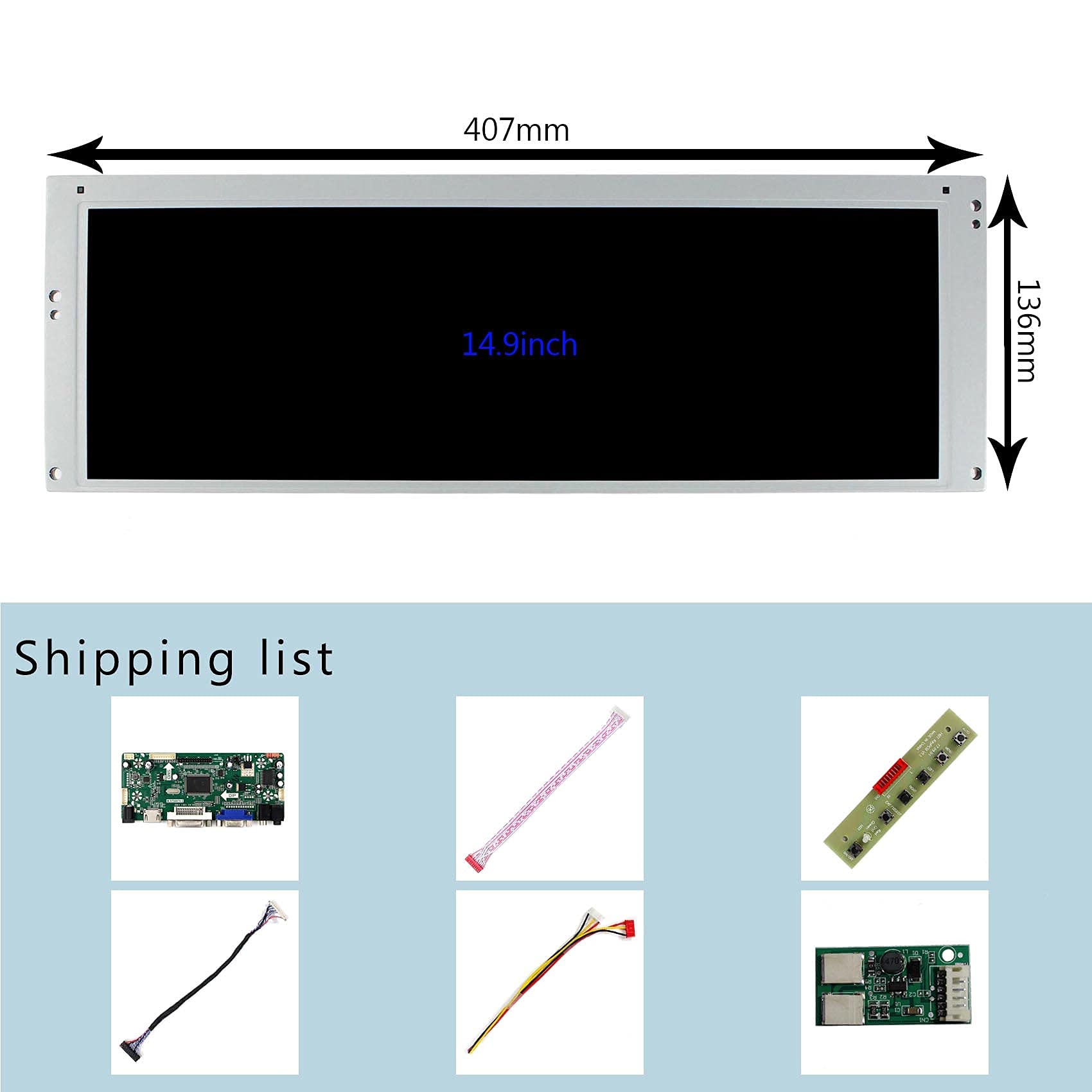 VSDISPLAY 14.9" 1280x390 LCD Screen LTA149B780F with HD-MI DVI VGA Audio Controller Board M.NT68676, for DIY 1up Cabinet/Car Gauge Cluster/Digital Marquee Monitor