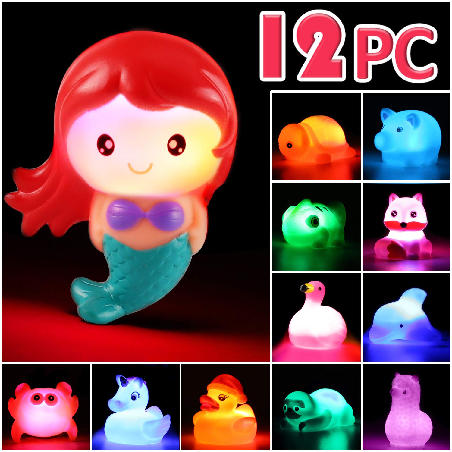 No Hole Bath Toy, 12 Pack Light up Animal, Flashing Color Tub Toys for Toddler Swimming Pool Party Bathtub Bathroom Shower Game, Bathtub Floating Water Toy for Infant Kid Toddler Boy Girl