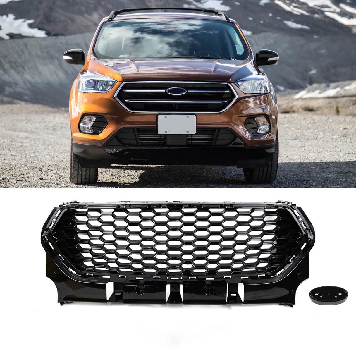 Dreamseek Front Bumper Grille for 2017 2018 2019 Ford Escape S SE SEL EcoBoost Titanium Honeycomb Mesh Sport Grill Glossy Black ST-Line Style