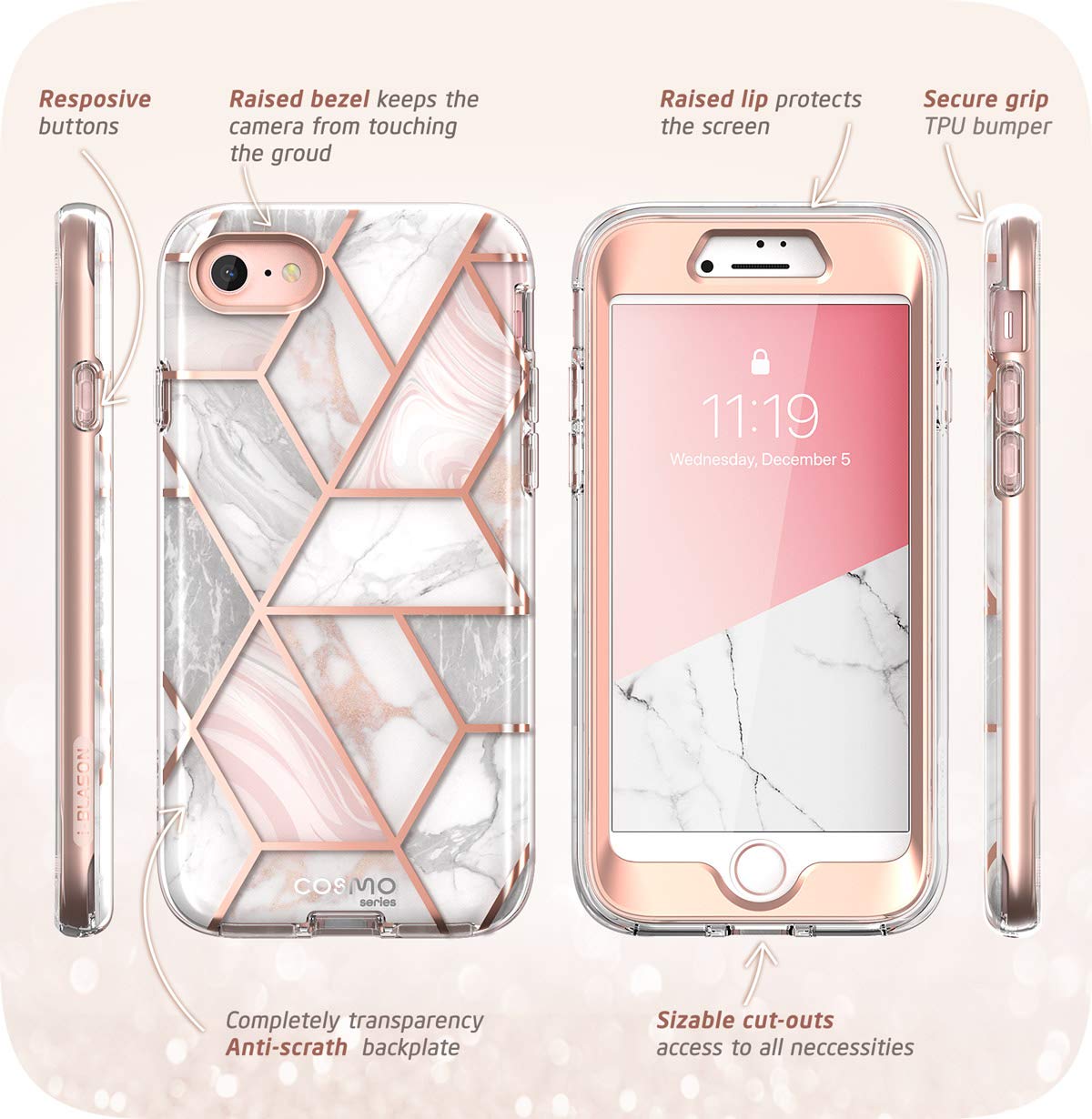 i-Blason Cosmo Series Case for iPhone SE 2022 (3rd Gen)/iPhone SE 2020 (2nd Gen)/iPhone 7/iPhone 8, Stylish Protective Bumper Case with Built-in Screen Protector (Marble)