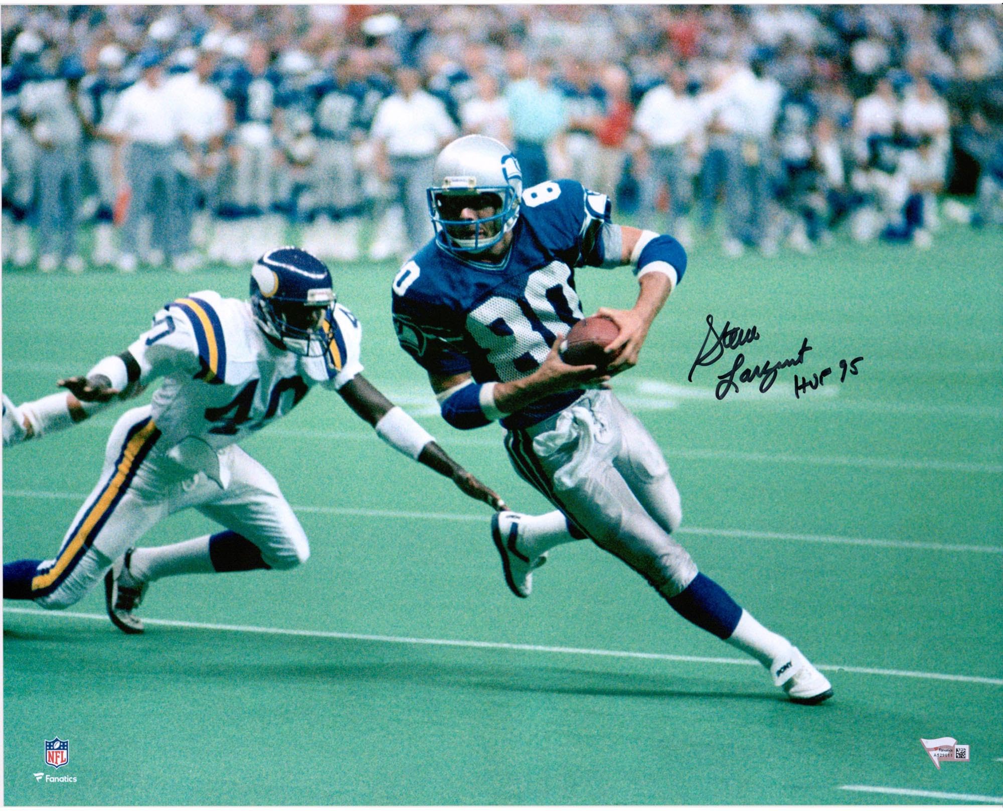 Steve Largent Seattle Seahawks Autographed 16" x 20" vs. Vikings Photograph with "HOF 95" Inscription - Autographed NFL Photos