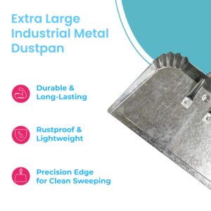 Extra Large Industrial Metal Dustpan, Heavy-Duty Steel Construction, Precision Edge, Extra Wide Collection Area, Looped Ergonomic Long Handle, Ideal for Cleaning Indoor & Outdoor Surfaces