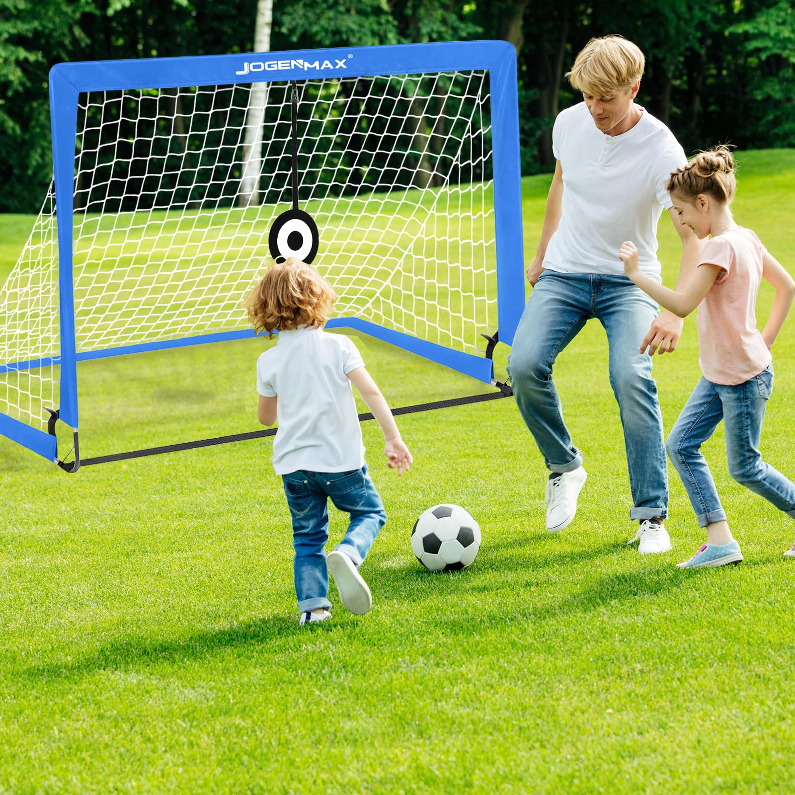 JOGENMAX Portable Kids Soccer Goal, Pop Up Goal Nets with Led Lights,Set of 2, with Agility Training Cones, Carry Case Gift for Kids Teen Boy & Adults Size 4‘X3’(Blue)