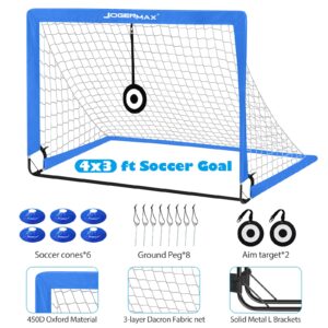 JOGENMAX Portable Kids Soccer Goal, Pop Up Goal Nets with Led Lights,Set of 2, with Agility Training Cones, Carry Case Gift for Kids Teen Boy & Adults Size 4‘X3’(Blue)