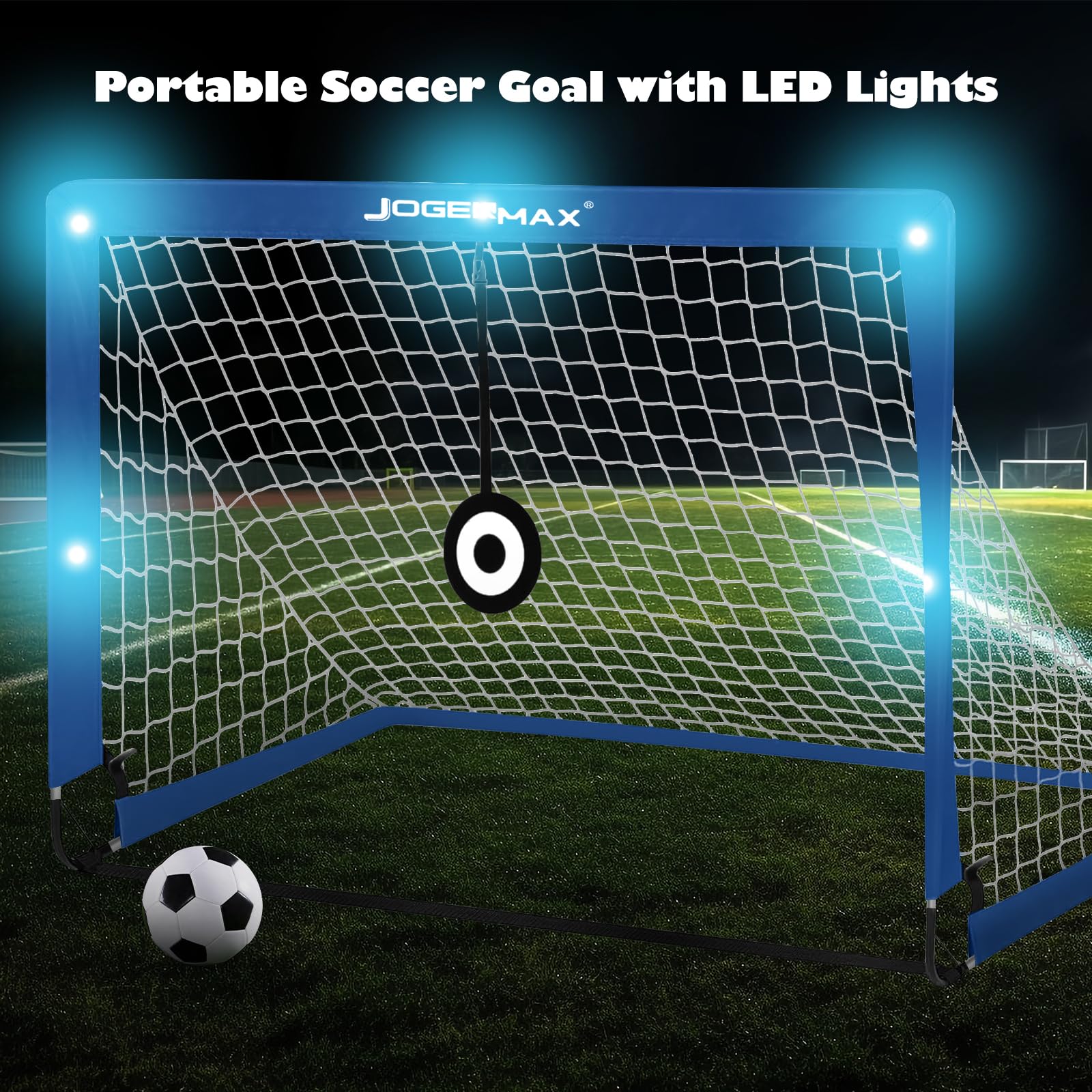 JOGENMAX Portable Kids Soccer Goal, Pop Up Goal Nets with Led Lights,Set of 2, with Agility Training Cones, Carry Case Gift for Kids Teen Boy & Adults Size 4‘X3’(Blue)