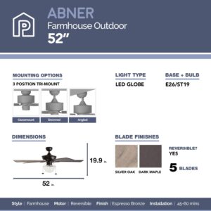 Prominence Home Abner, 52 Inch Modern Farmhouse Indoor Outdoor LED Ceiling Fan with Light, Pull Chain, Three Mounting Options, Dual Finish Blades, Reversible Motor - 80091-01 (Bronze)