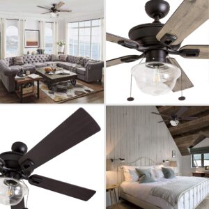 Prominence Home Abner, 52 Inch Modern Farmhouse Indoor Outdoor LED Ceiling Fan with Light, Pull Chain, Three Mounting Options, Dual Finish Blades, Reversible Motor - 80091-01 (Bronze)