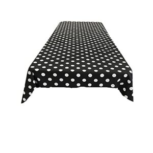 new creations fabric & foam inc, 60" wide by 144" long rectangular poly cotton polka dot tablecloth, white dot on black.