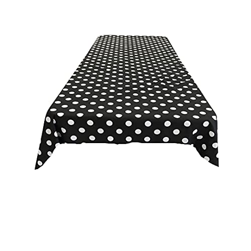 New Creations Fabric & Foam Inc, 60" Wide by 144" Long Rectangular Poly Cotton Polka Dot Tablecloth, White Dot on Black.