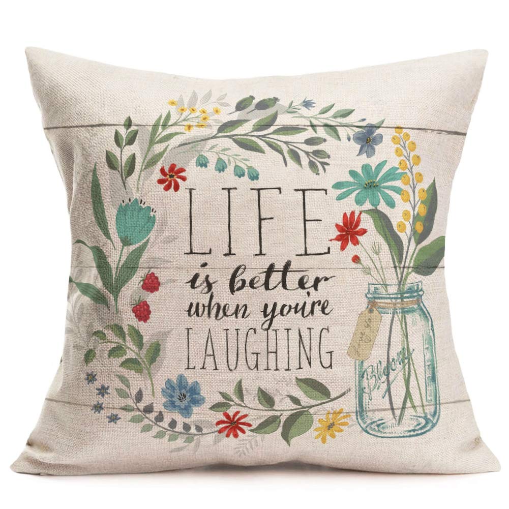 Fukeen Inspirational Quotes Throw Pillow Cases with Flower Bloom Leaves Decorative Cotton Linen Square Cushion Covers Home Garden Decor 18x18 Inch, Life is Better When You 're Iaughing