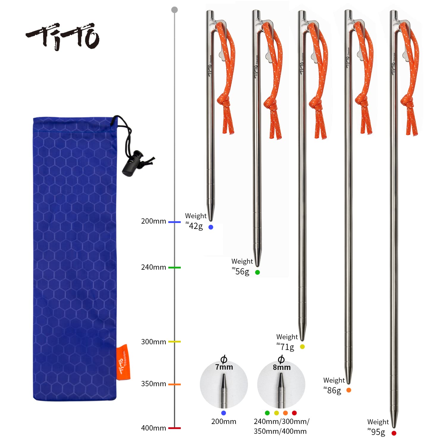 TiTo Titanium Tent Pegs Stakes Lightweight Snowfield Grassland Heavy Duty Tent Nails for Outdoor Camping Hiking and Plant Support Garden Stakes 4pcs/6pcs (8×300mm-4pcs)