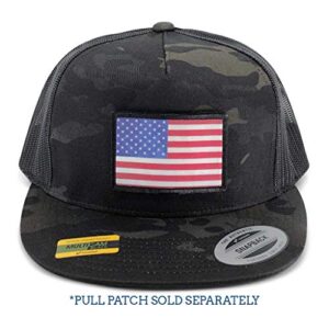 Pull Patch Multicam Camo Flat Bill Snapback Trucker Hat | Black Camo & Black Cap | 2x3 in Loop Surface to Attach Morale Patches