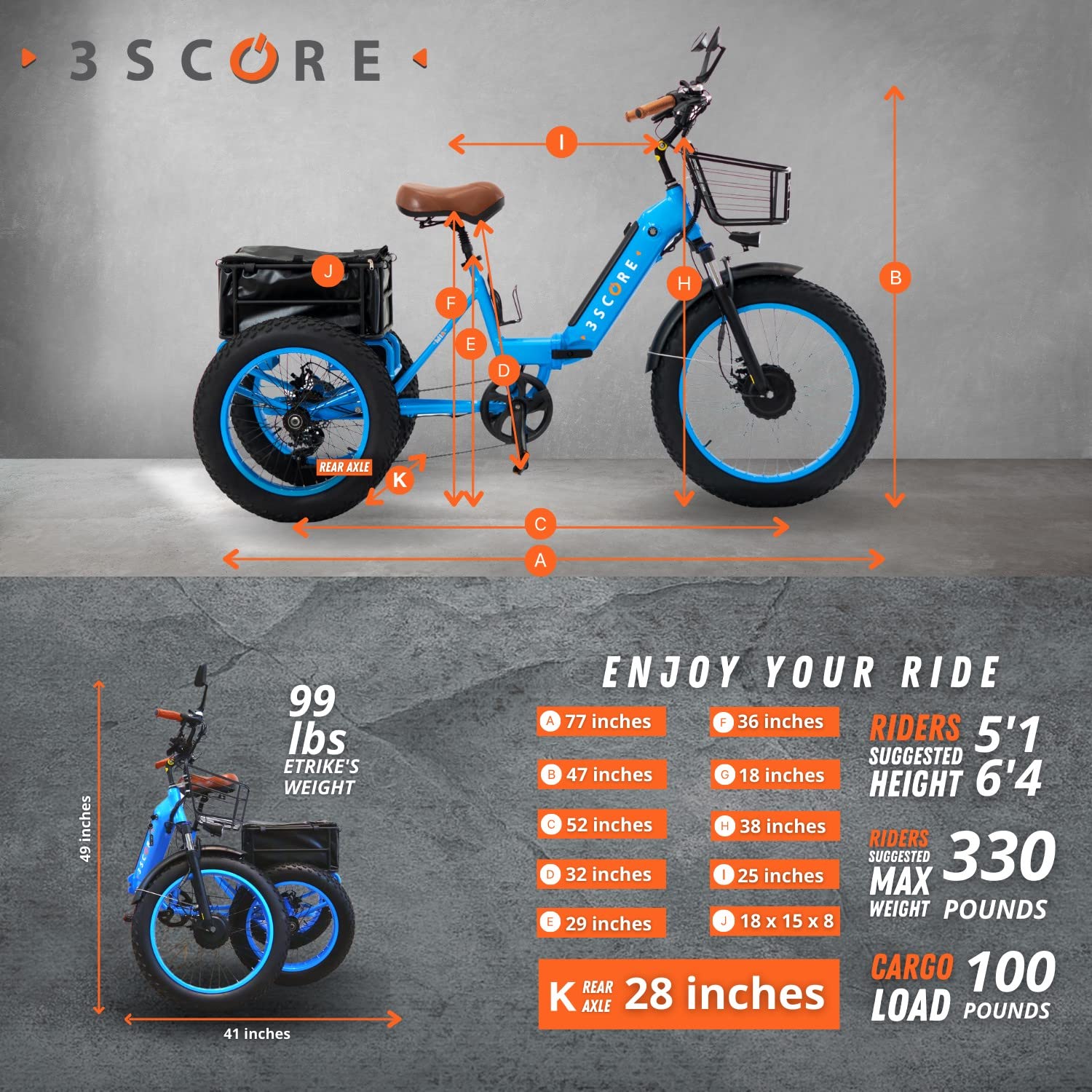 3SCORE Electric Fat Trike 750W Motor and 48V Lithium Rechargeable Battery - Etrike 24 Inch Fat Tire - Foldable Electric Cruiser Tricycle (Electric Blue, Fat Tire Etrike)