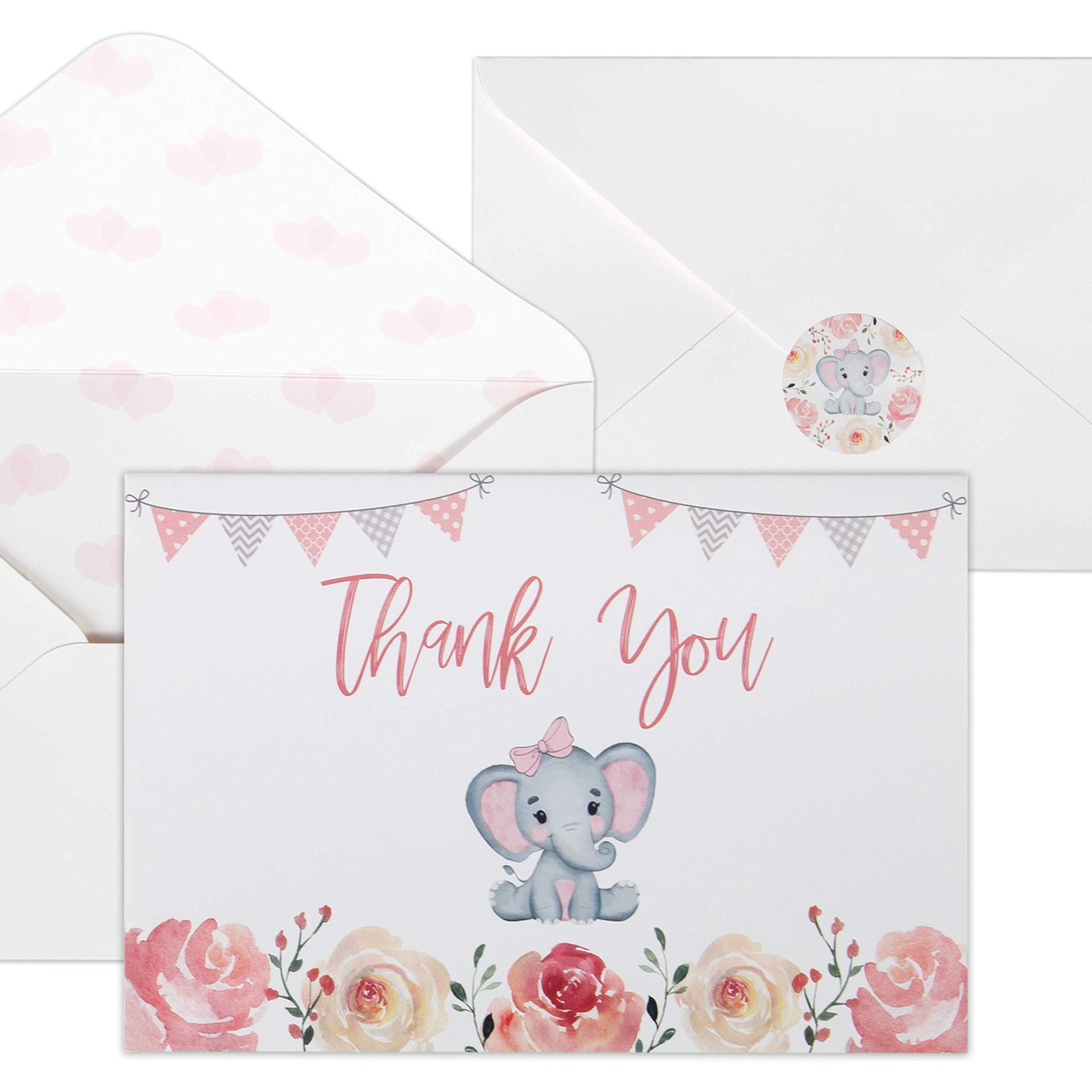 VNS Creations 50 Baby shower thank you cards with envelopes - Baby Shower Thank You Cards - Baby Shower Cards - Elephant Baby Shower Thank You Cards - Baby Girl Shower Card with Envelopes & Stickers