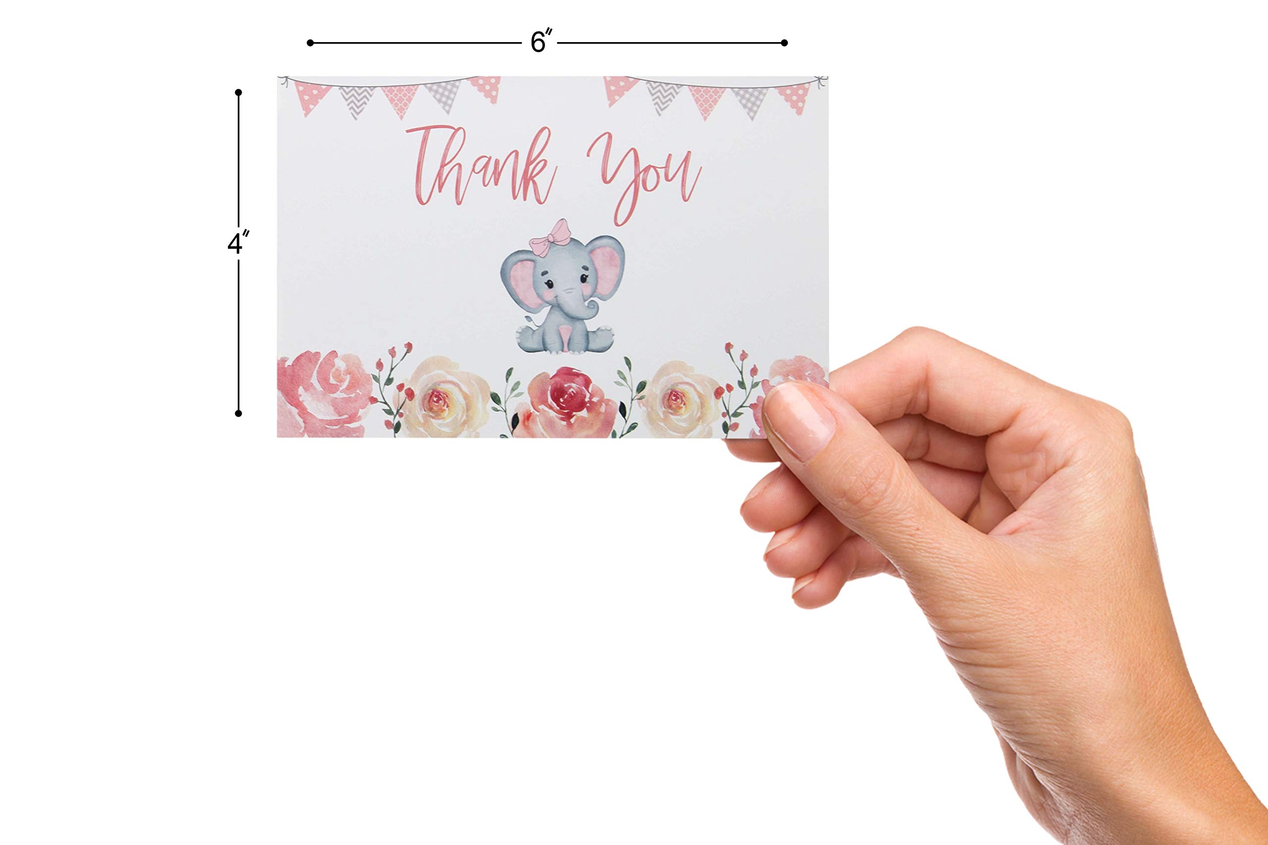 VNS Creations 50 Baby shower thank you cards with envelopes - Baby Shower Thank You Cards - Baby Shower Cards - Elephant Baby Shower Thank You Cards - Baby Girl Shower Card with Envelopes & Stickers