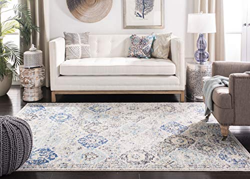 SAFAVIEH Madison Collection 9' Round Ivory / Aqua MAD611A Boho Chic Floral Medallion Trellis Distressed Non-Shedding Dining Room Entryway Foyer Living Room Bedroom Area Rug