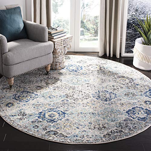 SAFAVIEH Madison Collection 9' Round Ivory / Aqua MAD611A Boho Chic Floral Medallion Trellis Distressed Non-Shedding Dining Room Entryway Foyer Living Room Bedroom Area Rug