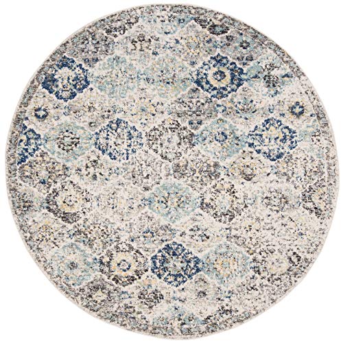 SAFAVIEH Madison Collection 9' Round Ivory / Aqua MAD611A Boho Chic Floral Medallion Trellis Distressed Non-Shedding Dining Room Entryway Foyer Living Room Bedroom Area Rug