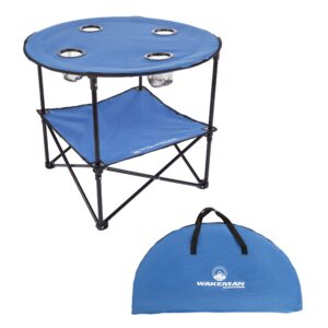 Wakeman Camp Table - Round 2-Tier Folding Table with 4 Cupholders and Carrying Bag - for Camping, Beach, Picnic, Sporting Events, and More Outdoors,Blue