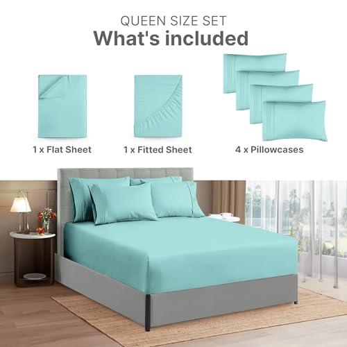 Extra Deep Queen Sheet Set - 6 Piece Breathable & Cooling Sheets - Hotel Luxury Bed Sheets Set - Easy Fit - Soft, Wrinkle Free & Comfy Sheets Set - Spa Blue Sheet Set w/Extra Deep Pockets