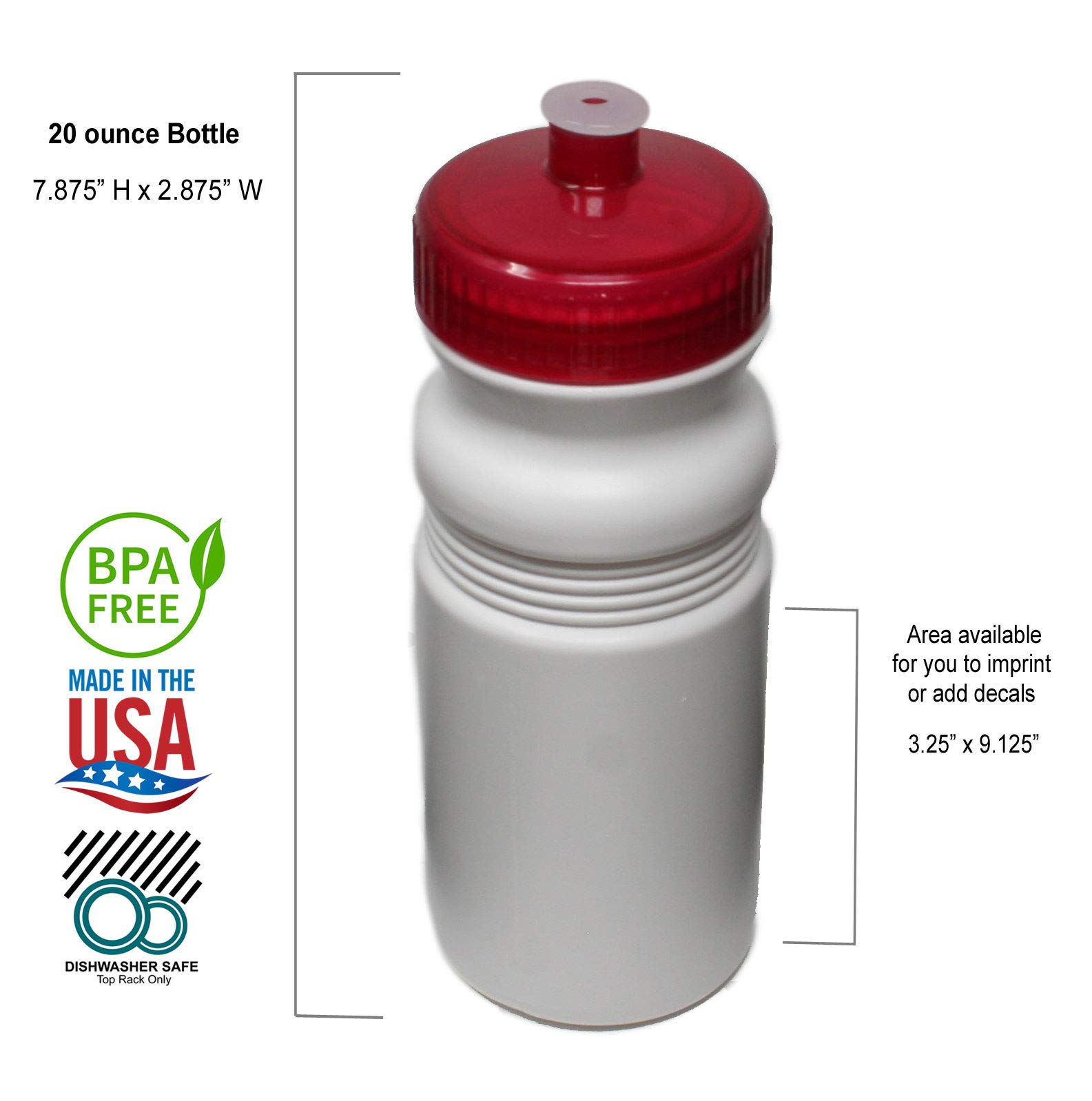 Rolling Sands 20 Ounce Sports Water Bottles 24 Pack, BPA-Free, Made in USA, Dishwasher Safe, White Bottles/Variety