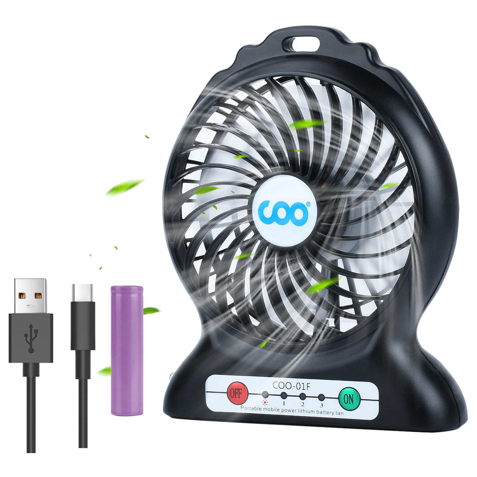 COO Mini Portable Battery Operated Desk Fan with Flashlight, 3 Speeds Adjustable, Rechargeable Small Desk Fan for Home Office Bedroom Outdoor Backpacking Camping, 4.5 Inch, Black