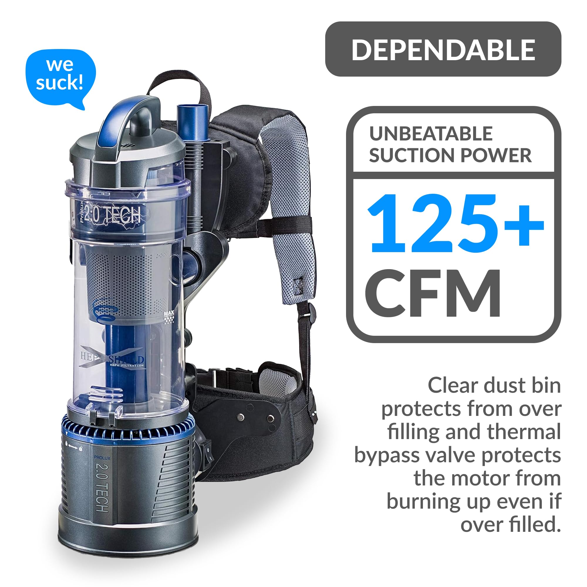 Prolux 2.0 Standard Bagless Backpack Vacuum Cleaner, Lightweight & Comfortable for Residential & Industrial Use, Double HEPA Filtration, Multiple Attachments, Padded Straps