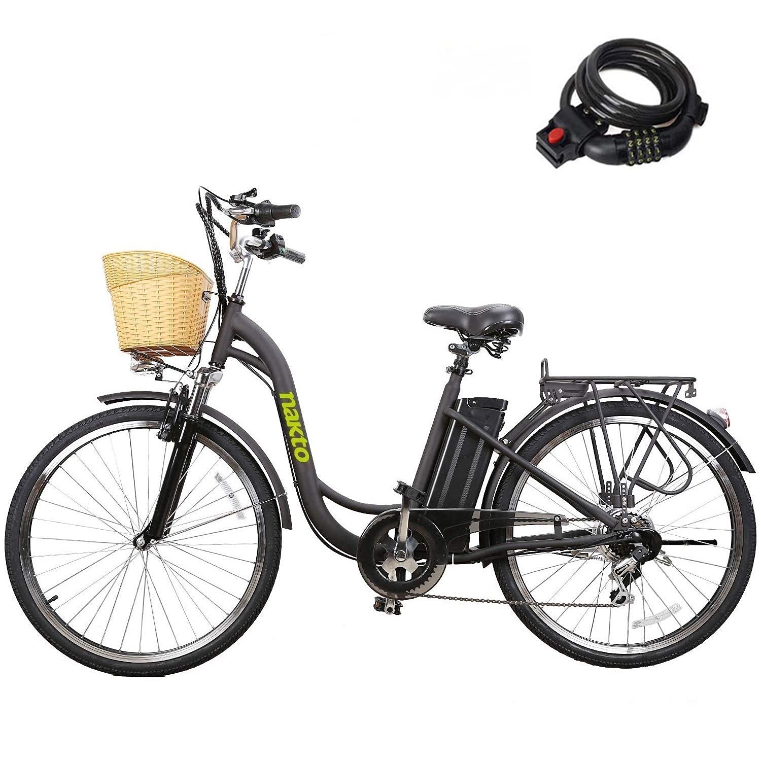 NAKTO Electric Bike Adult Electric Bicycles 26" 250W Electric Bicycle with 36V10.4AH Lithium Battery, Professional 6 Speed Gears with Charger and Locks