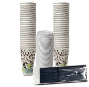 duracasa dixie perfectouch wisesize coffee design insulated paper cup, 16oz cups, lids drinking/stirring straws bundle (16 oz, 50 cups, 50 lids 50 straws)