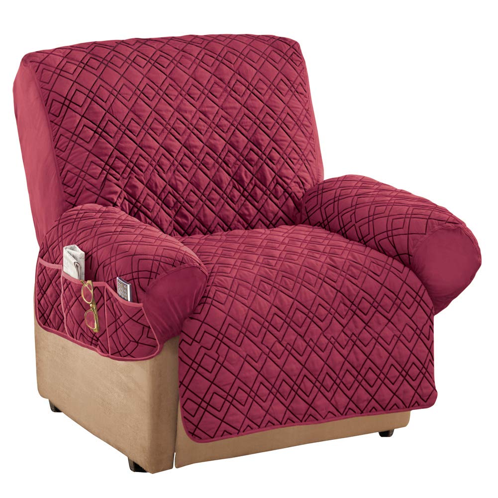 Collections Etc Diamond-Shape Quilted Stretch Recliner Cover with Storage Pockets and Elastic Straps - Furniture Protector, Burgundy, Recliner