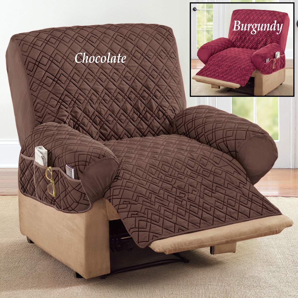 Collections Etc Diamond-Shape Quilted Stretch Recliner Cover with Storage Pockets and Elastic Straps - Furniture Protector, Burgundy, Recliner