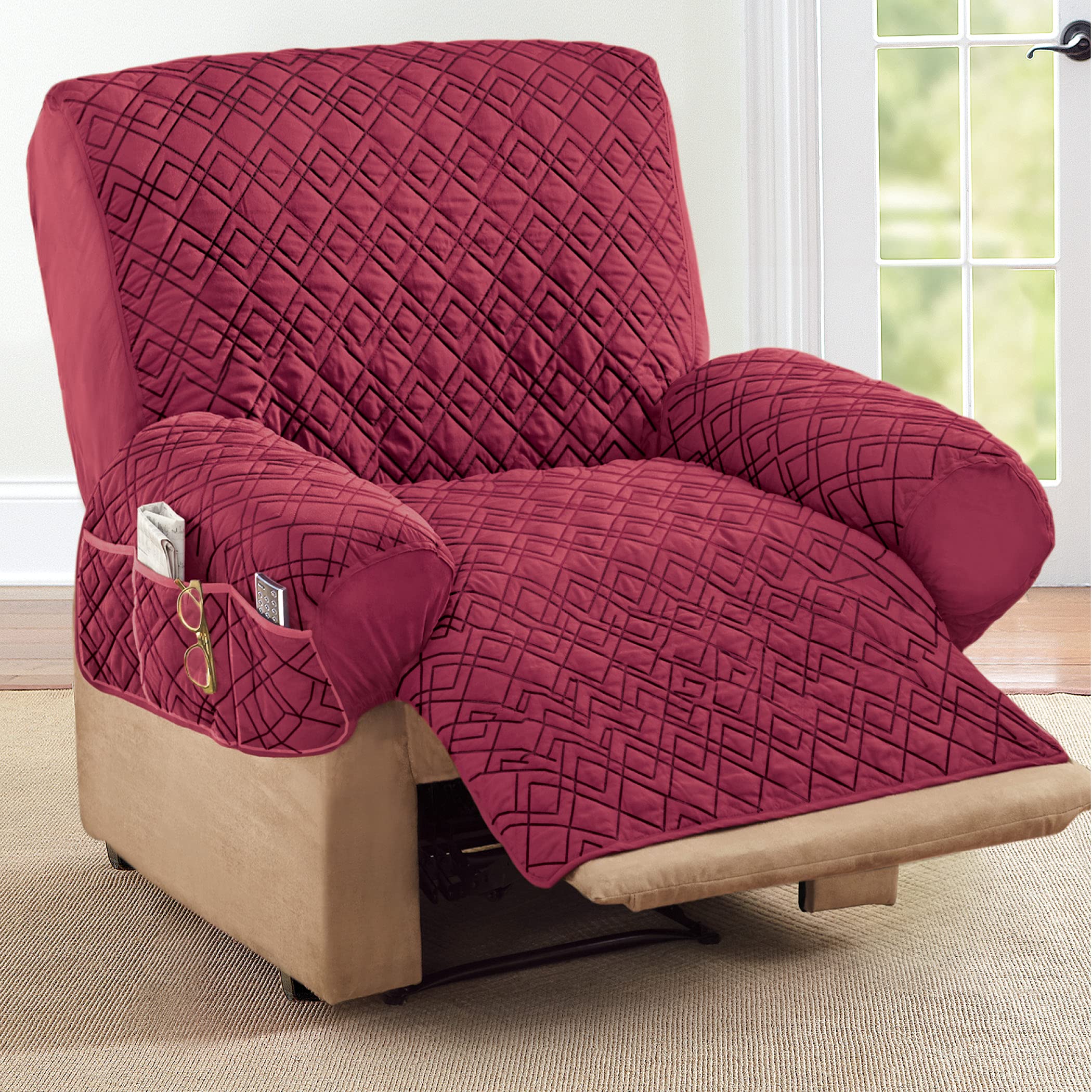 Collections Etc Diamond-Shape Quilted Stretch Recliner Cover with Storage Pockets and Elastic Straps - Furniture Protector, Burgundy, Recliner