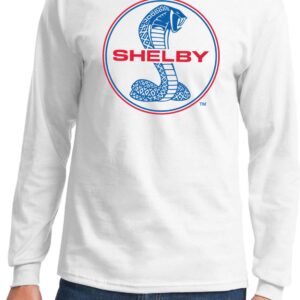 Ford Mustang Shelby Blue and Red Logo Long Sleeve Shirt, White Large