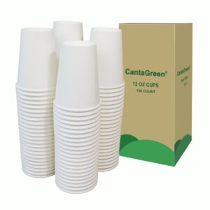 CantaGreen 150 Count 12 OZ Heavy-duty Paper Coffee Cups, White Disposable Cup for Hot and Cold Beverage