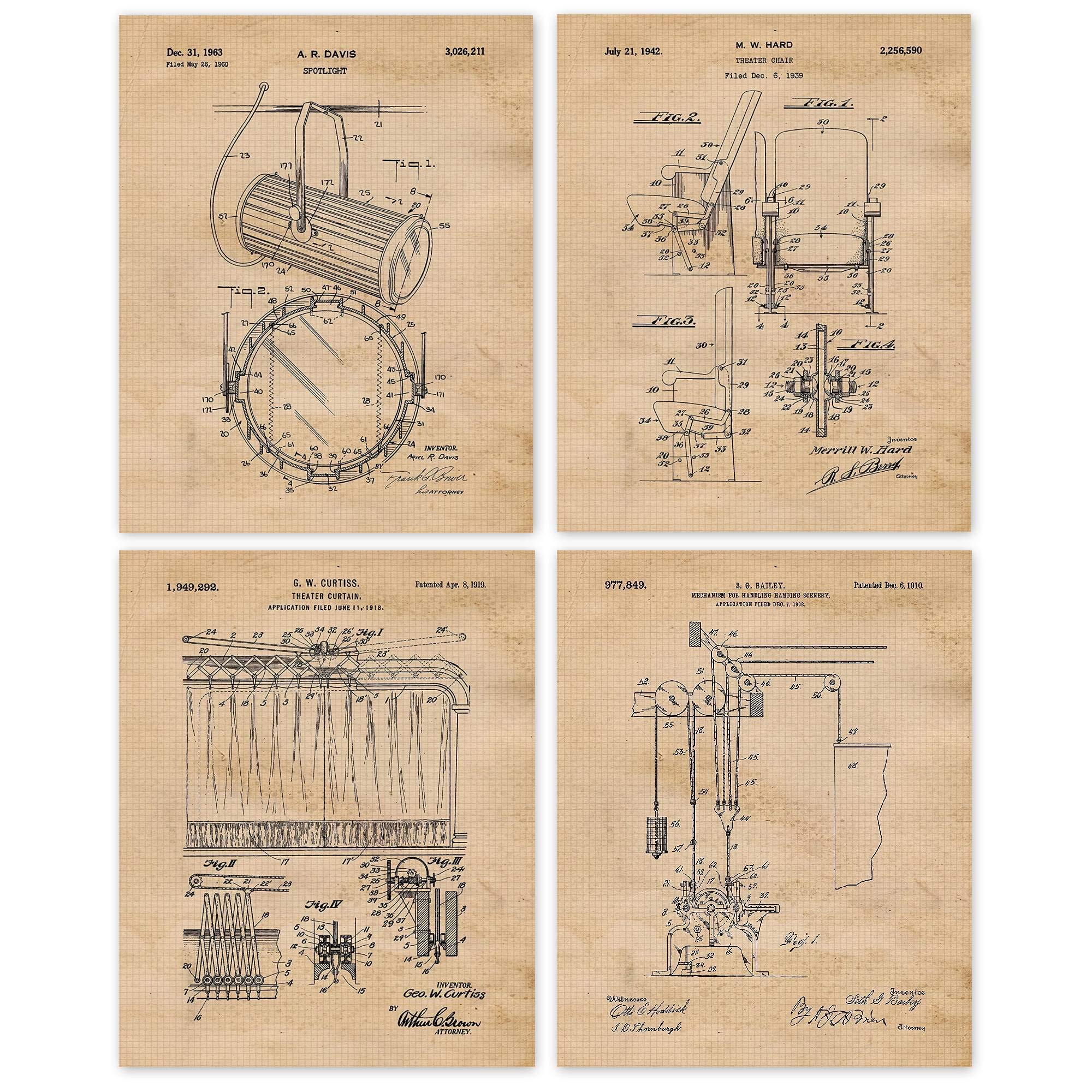 Vintage Theater Patent Prints, 4 (8x10) Unframed Photos, Wall Art Decor Gifts for Home Office Props Garage School College Drama Student Teacher Coach Director Producer Musical Stage Acting Movies Fans