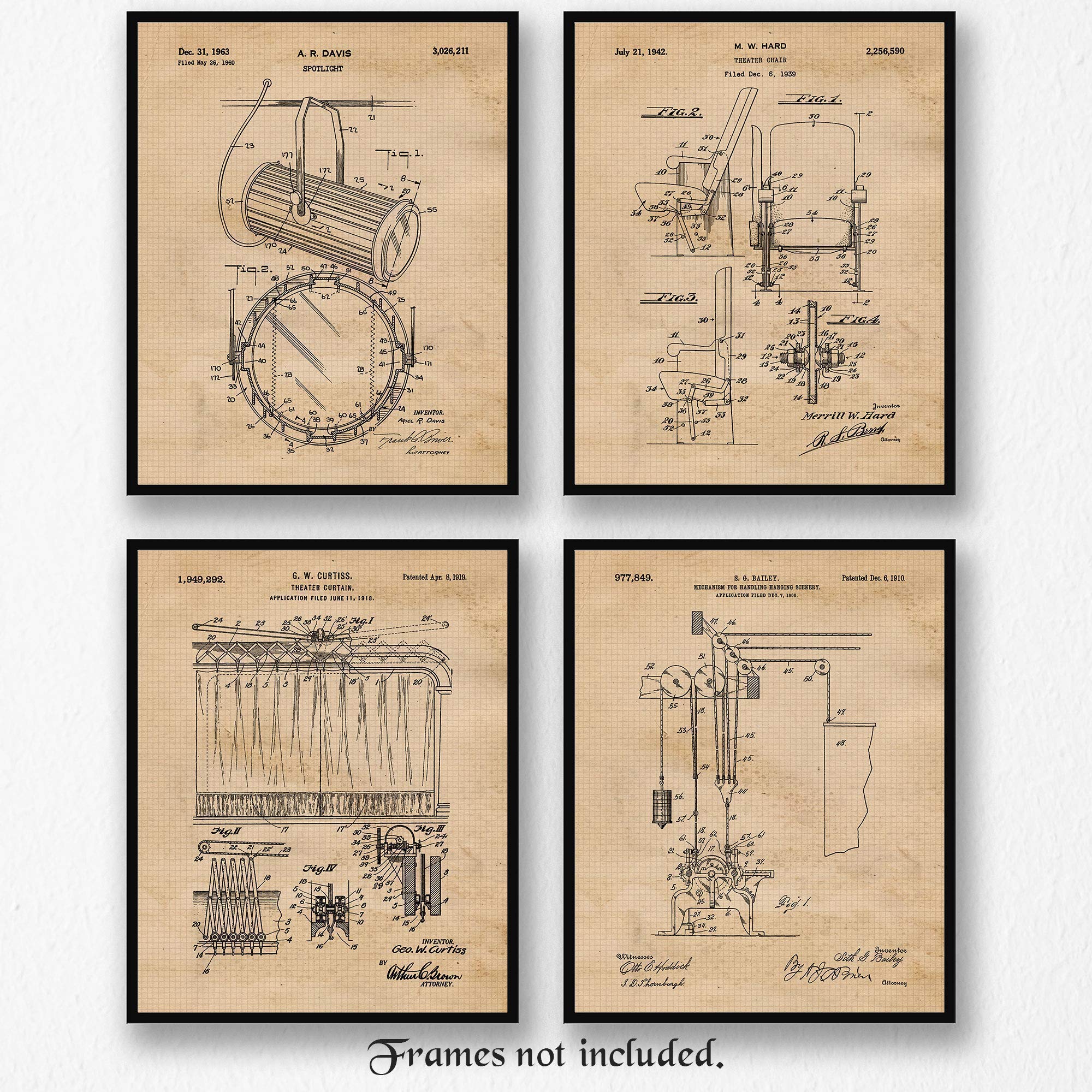 Vintage Theater Patent Prints, 4 (8x10) Unframed Photos, Wall Art Decor Gifts for Home Office Props Garage School College Drama Student Teacher Coach Director Producer Musical Stage Acting Movies Fans