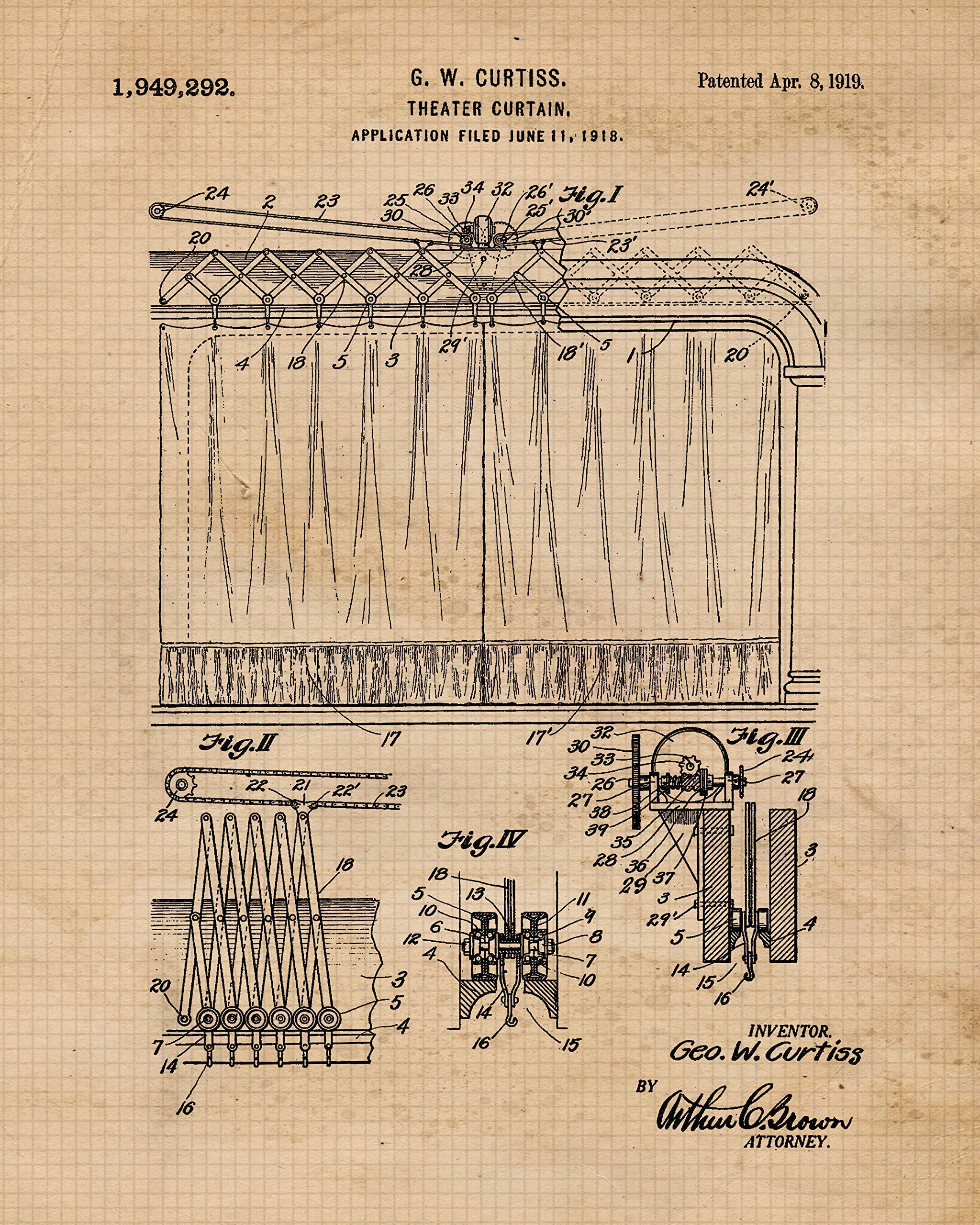 Vintage Theater Patent Prints, 4 (8x10) Unframed Photos, Wall Art Decor Gifts for Home Office Props Garage School College Drama Student Teacher Coach Director Producer Musical Stage Acting Movies Fans