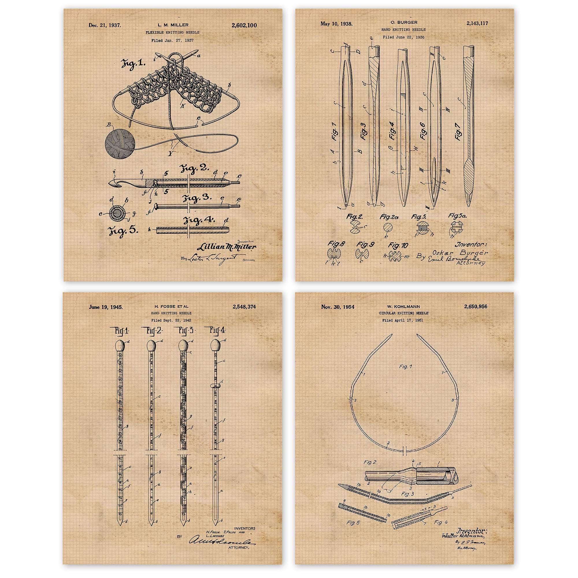 Vintage Knitting Tools Patent Prints, 4 (8x10) Unframed Photos, Wall Art Decor Gifts Under 20 for Home Craftsman Office Hobby Craft Studio Lounge Garage Student Teacher Fashion Sewing Engineer Design