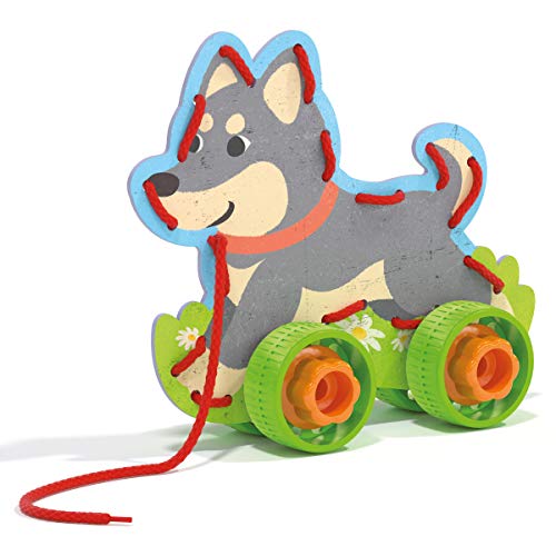 Quercetti Play Montessori Toys Lacing Game - Set includes 4 Animals with Wheels and Colored Laces - Build, Play and Pull-Along to Promote Early Learning and Motor Skills, for Kids Ages 3-6 Years