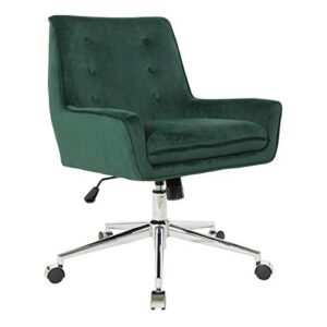 osp home furnishings quinn mid-century style plush office chair with back button tufting and chrome finish steel base, emerald green velvet