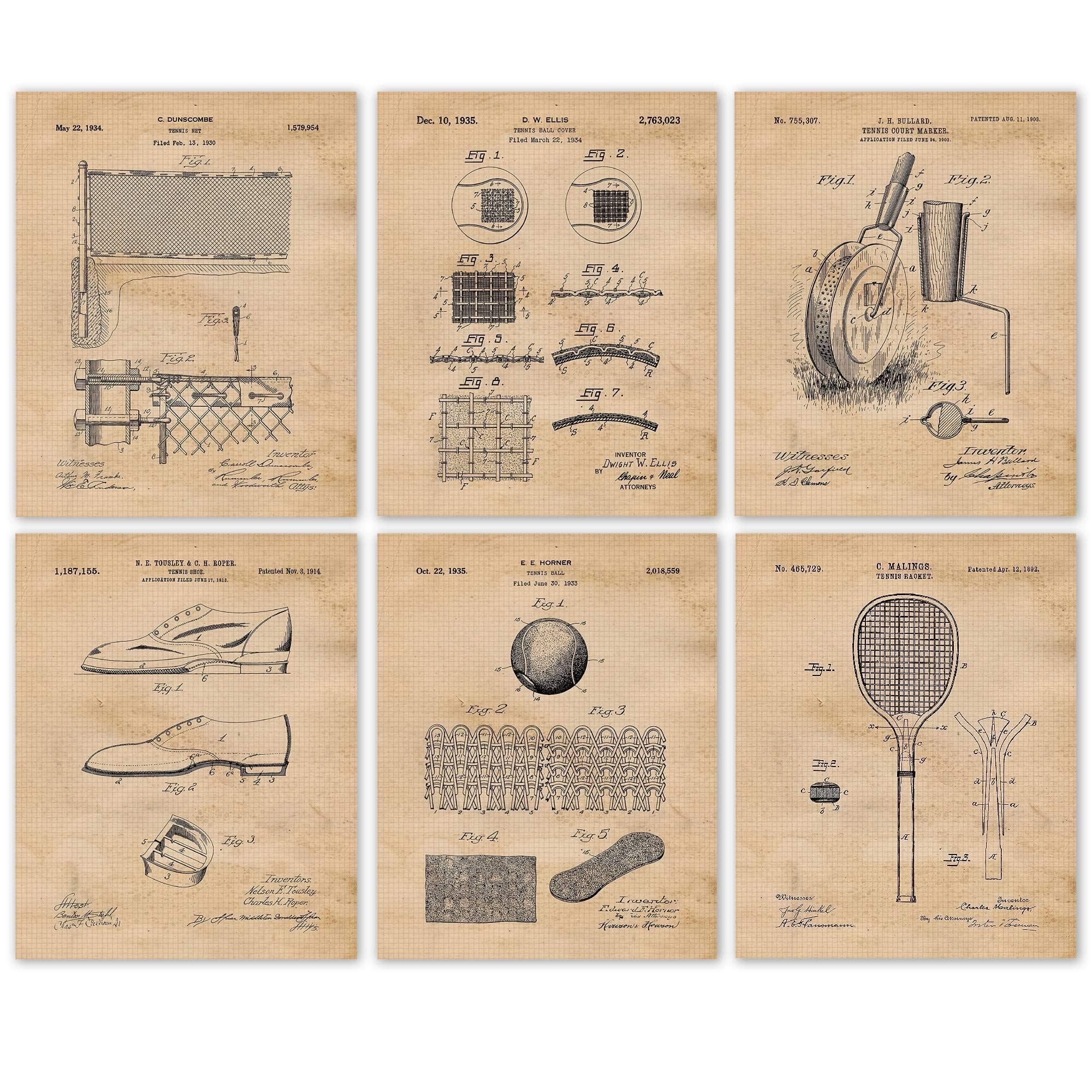 Vintage Tennis Patent Prints, 6 (8x10) Unframed Photos, Wall Art Decor Gifts Under 25 for Home ATP WTA Office Gears Garage Studio Shop School Gym College Student Teacher Coach Team Champion Champs Fan