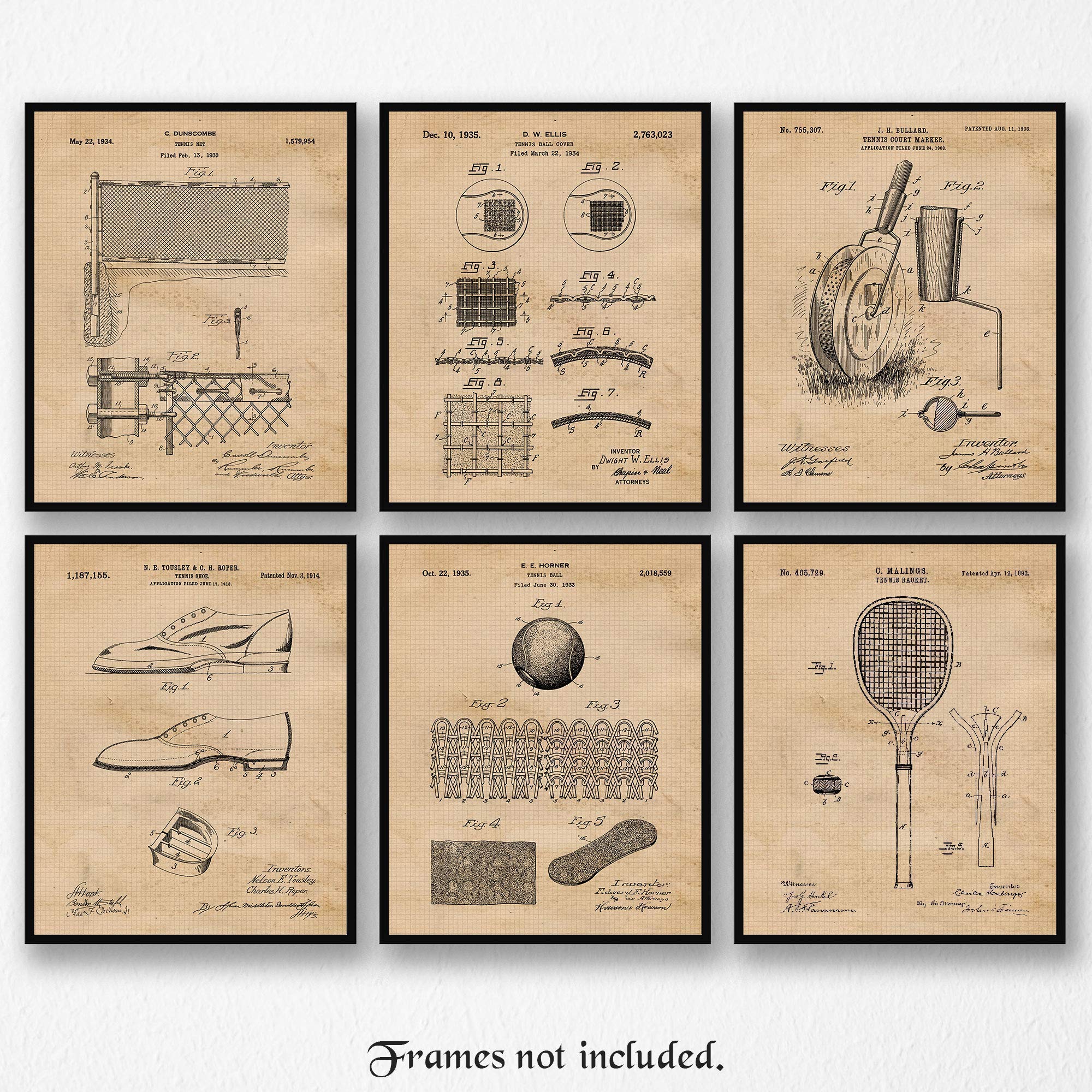 Vintage Tennis Patent Prints, 6 (8x10) Unframed Photos, Wall Art Decor Gifts Under 25 for Home ATP WTA Office Gears Garage Studio Shop School Gym College Student Teacher Coach Team Champion Champs Fan