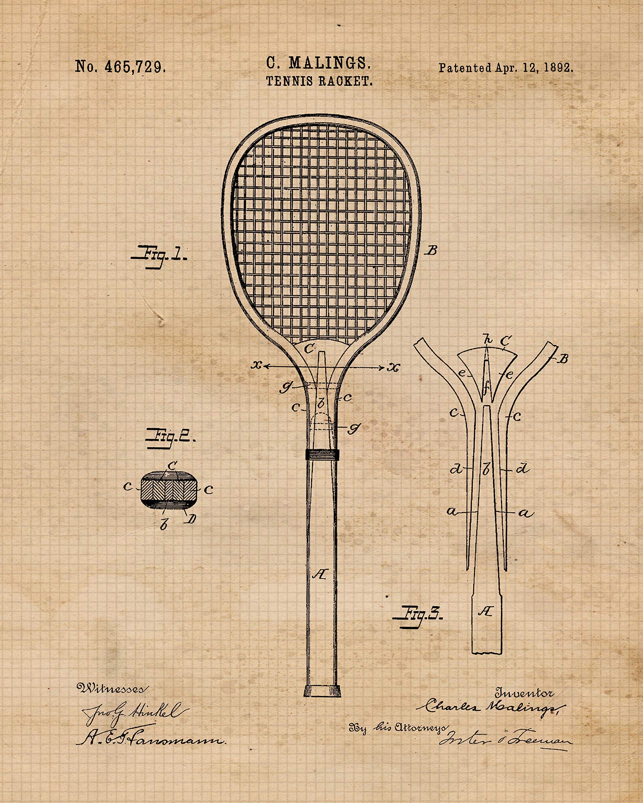 Vintage Tennis Patent Prints, 6 (8x10) Unframed Photos, Wall Art Decor Gifts Under 25 for Home ATP WTA Office Gears Garage Studio Shop School Gym College Student Teacher Coach Team Champion Champs Fan