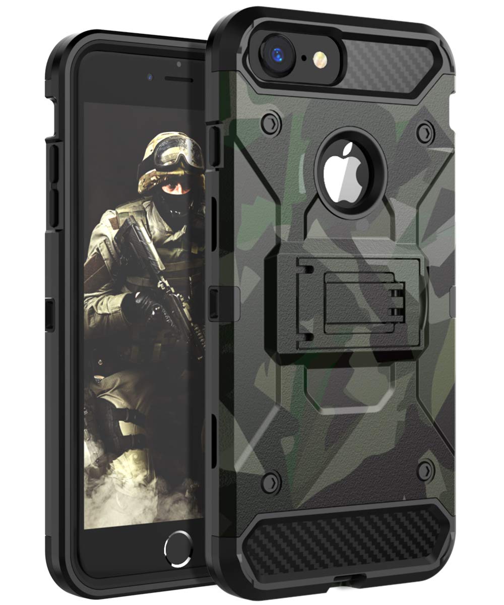 HUATRK iPhone 8 Plus Case,iPhone 7 Plus Case,iPhone 6 Plus Case,iPhone 6s Plus Case Man Boys Military Kickstand Three Layer Heavy Duty Shockproof Protective Camo Cover,Camouflage Green