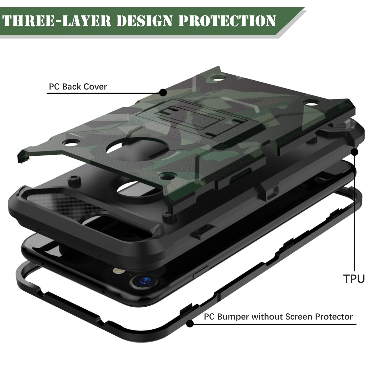 HUATRK iPhone 8 Plus Case,iPhone 7 Plus Case,iPhone 6 Plus Case,iPhone 6s Plus Case Man Boys Military Kickstand Three Layer Heavy Duty Shockproof Protective Camo Cover,Camouflage Green