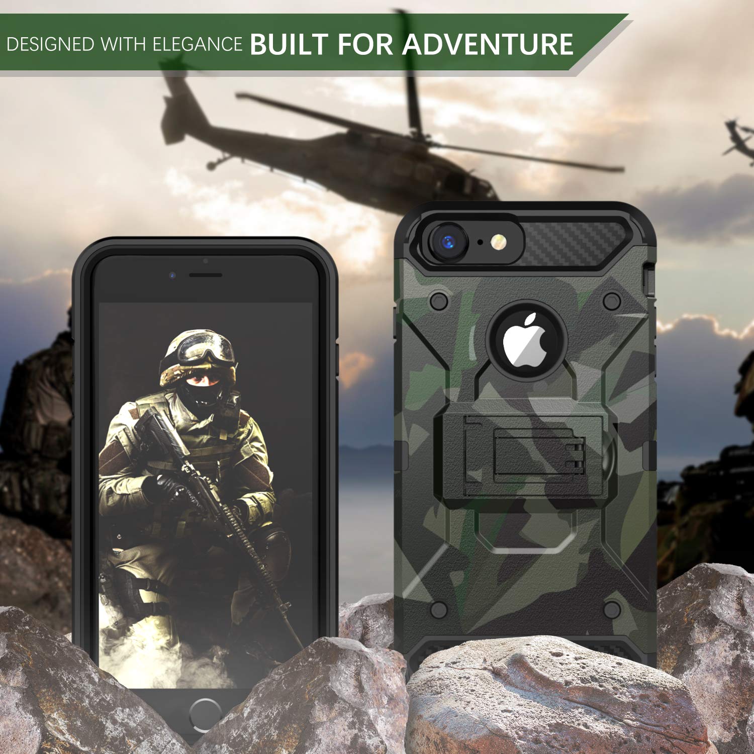 HUATRK iPhone 8 Plus Case,iPhone 7 Plus Case,iPhone 6 Plus Case,iPhone 6s Plus Case Man Boys Military Kickstand Three Layer Heavy Duty Shockproof Protective Camo Cover,Camouflage Green