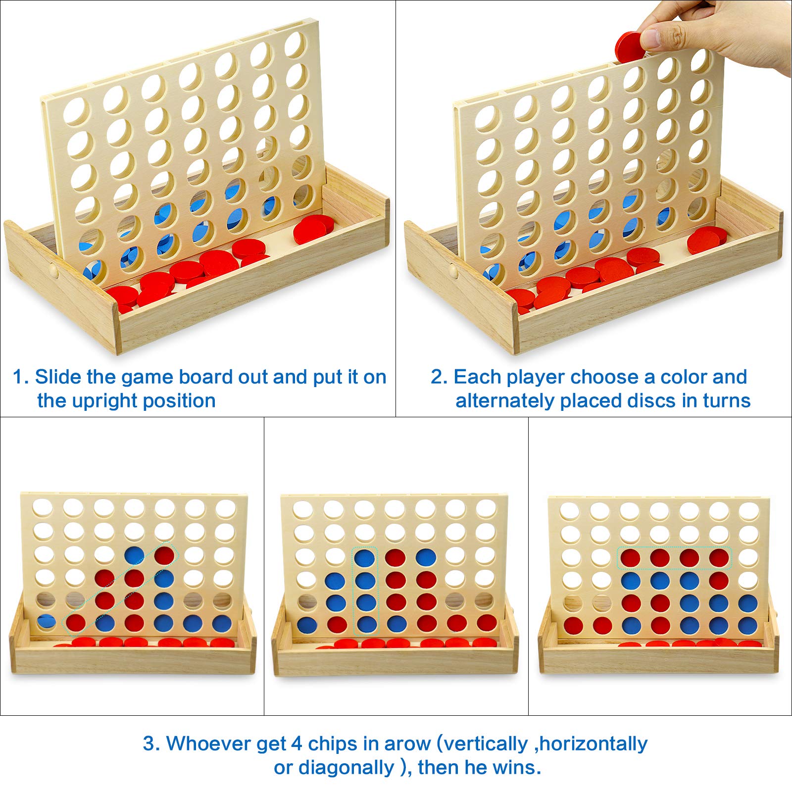 Arfun 4 in a Row Wooden Connect Board Game, Foldable Line up 4 Game, Classic Strategy Family Fun Toy, Wood Connect Game for Kids and Adults (Travel Size)