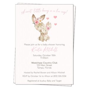 bunny baby shower invitations watercolor water color bunnies mommy and me sprinkle personalized gender neutral ivory printed customized personalized invites (12 count)