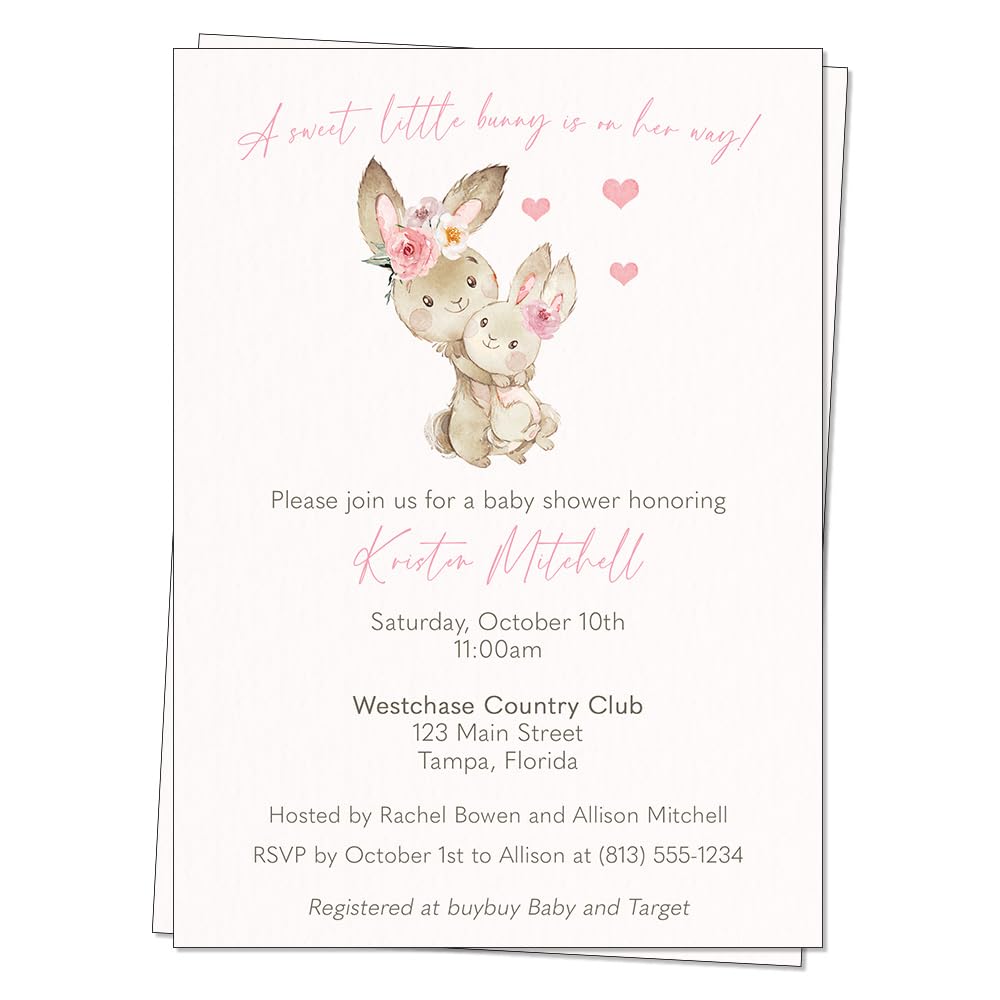 Bunny Baby Shower Invitations Watercolor Water Color Bunnies Mommy and Me Sprinkle Personalized Gender Neutral Ivory Printed Customized Personalized Invites (12 Count)